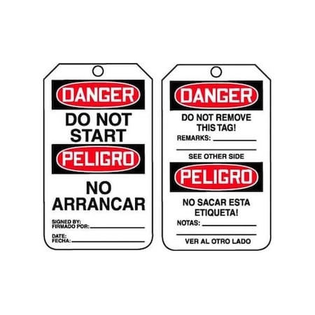 Accuform Safety Tags, DANGER DO NOT START BILINGUAL SPANISH-MEXICAN, 5.75in x 3.25in, RP-Plastic, 25PK TMS113PTP